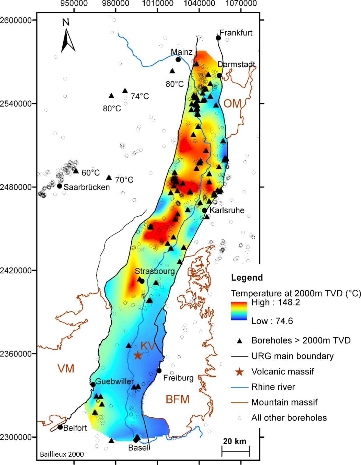 Darstellung der Temperaturverteilgung in 2000 Metern Tiefe im Oberrheingraben nach Baillieux et al, 2000